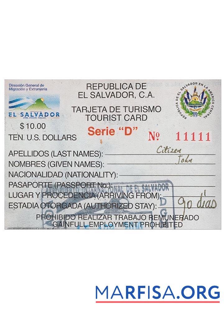 Realistic El Salvador tourist card sample